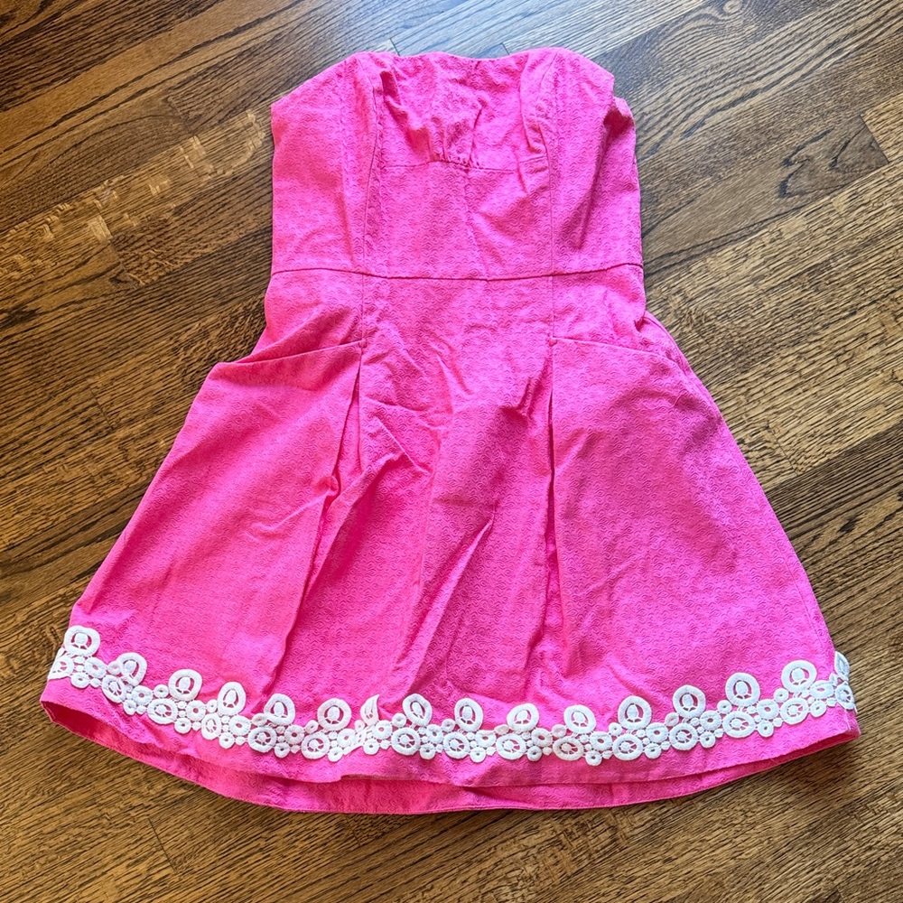 Pink Lily Pulitzer Strapless Dress with White Floral Trim